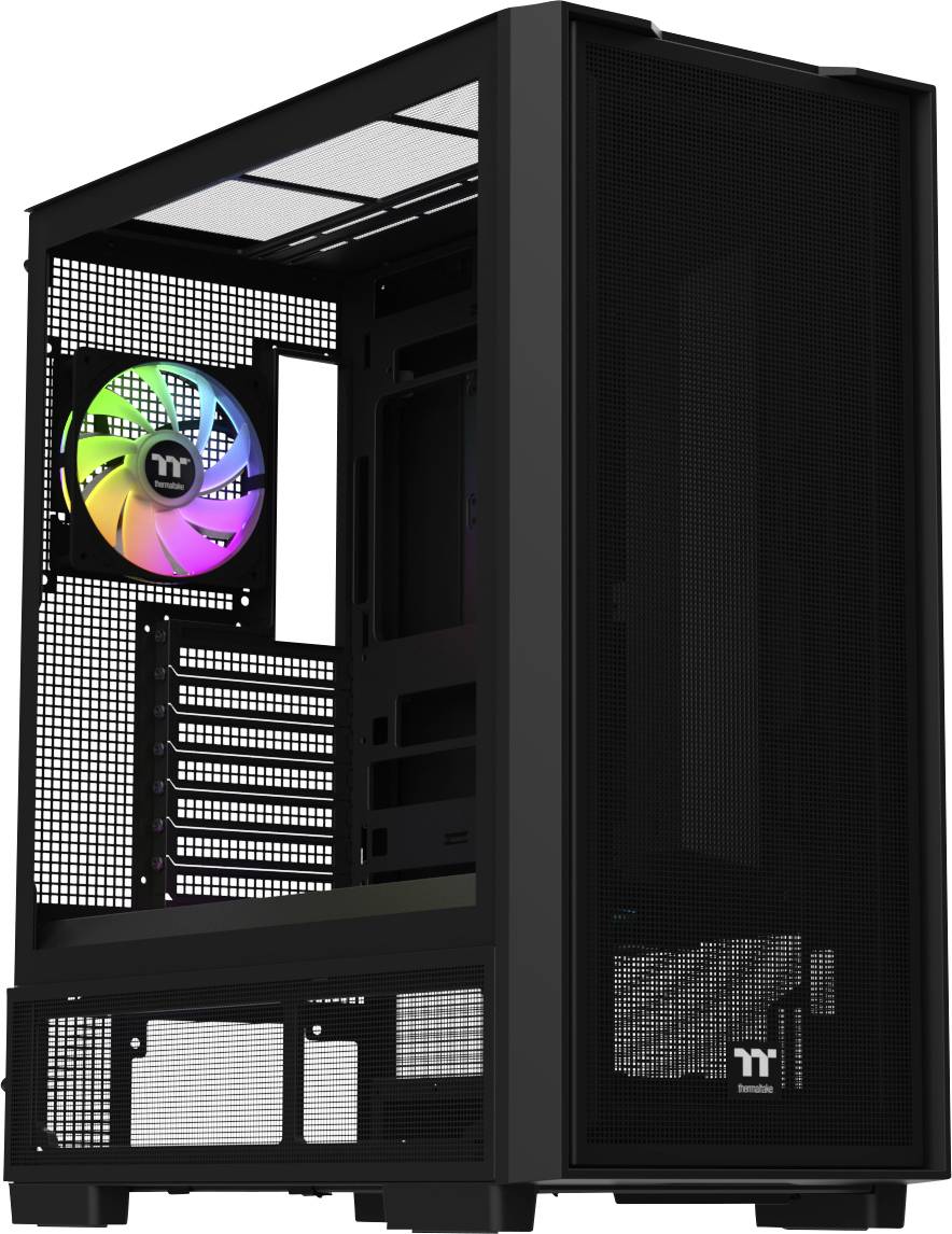 A black computer case with a mesh front panel and a colorful RGB fan visible inside. It has several expansion slots at the back.