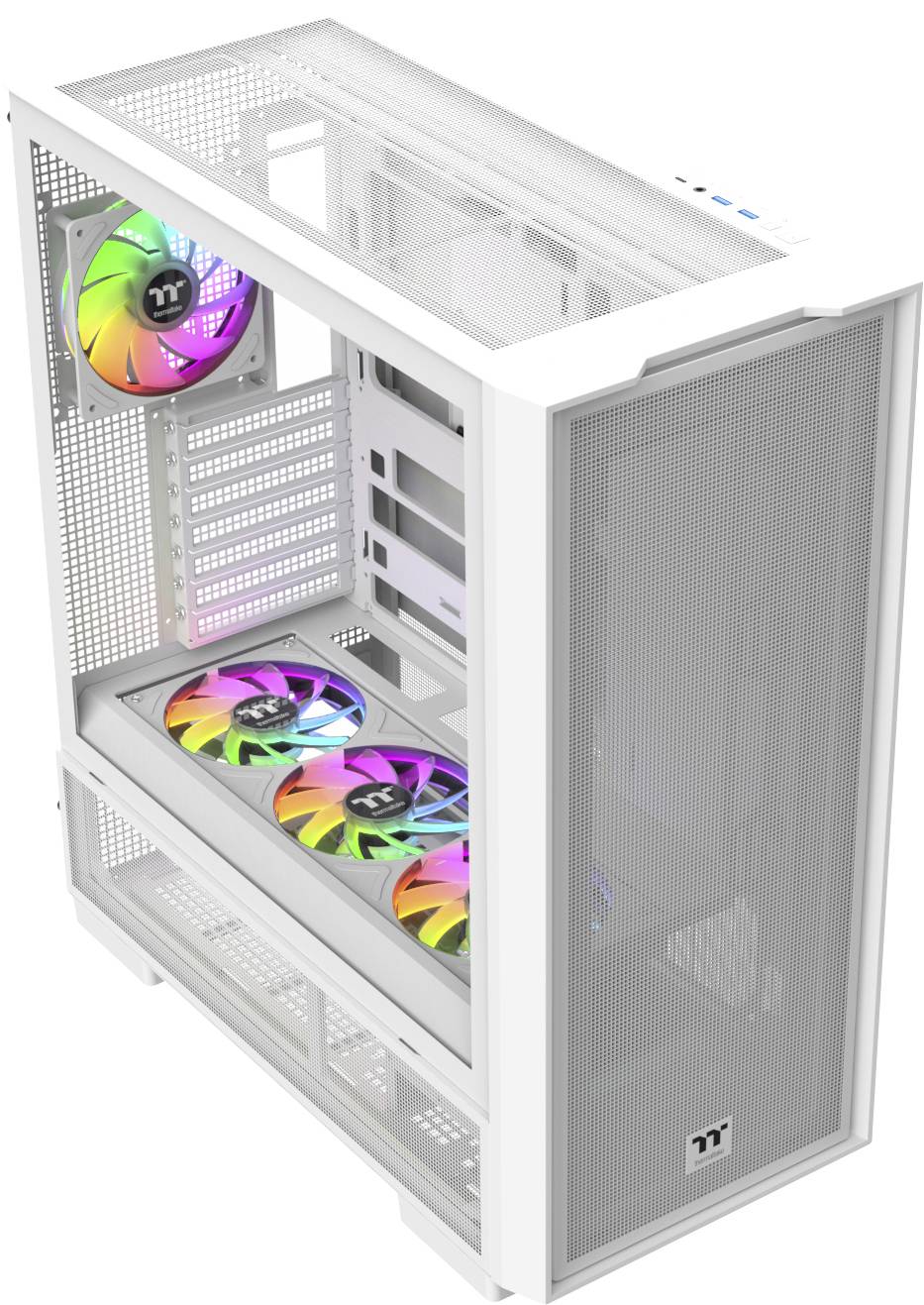 A white computer case with a mesh front panel, multiple ventilation openings, and visible RGB fans, designed for enhanced airflow and cooling.