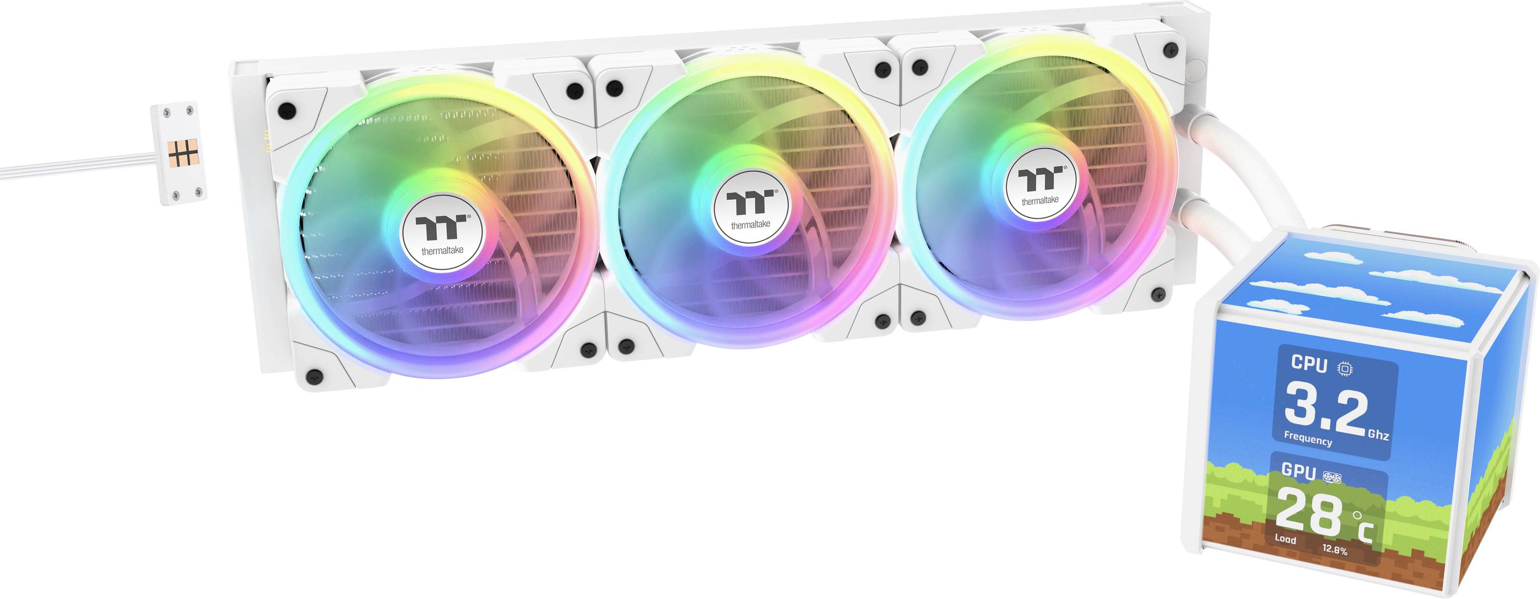 Three computer cooling fans with RGB LEDs are aligned horizontally next to a digital display showing 'CPU 3.2', 'GPU 28°C'.