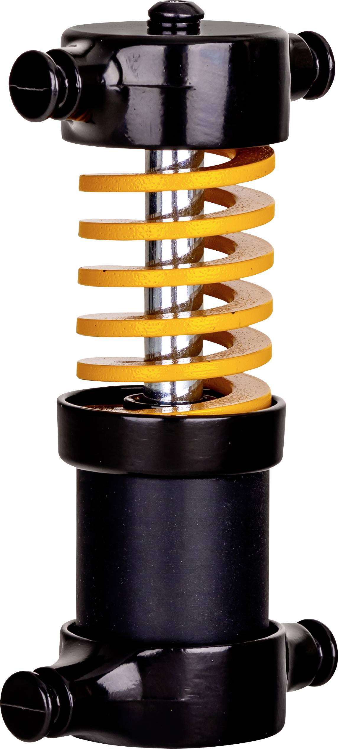 A close-up image of a black shock absorber with an exposed orange coil spring, used in automotive suspension systems.