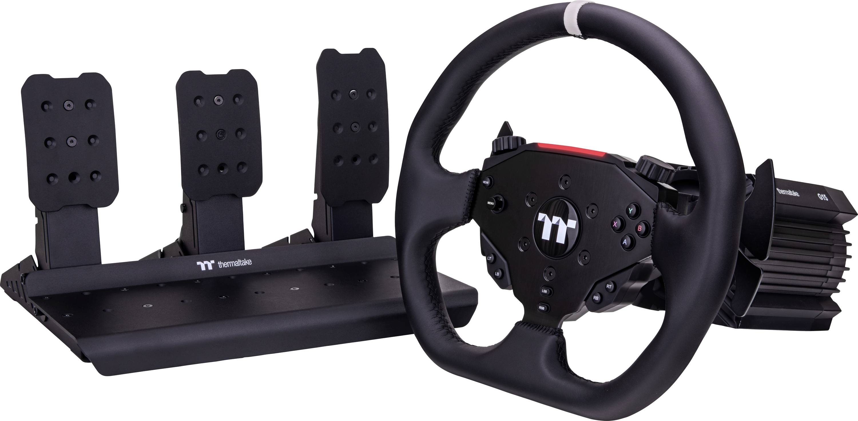 A black gaming steering wheel and pedal set for simulation racing, featuring three pedals and various control buttons on the wheel.