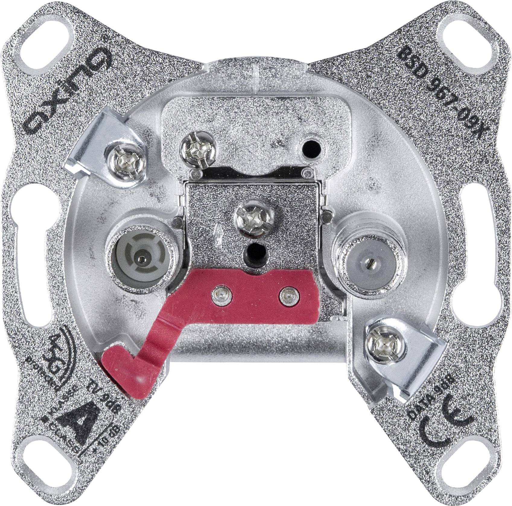 An electrical wall socket mount with a metal frame and red plastic lever, labeled with 'DLXG' and safety symbols.