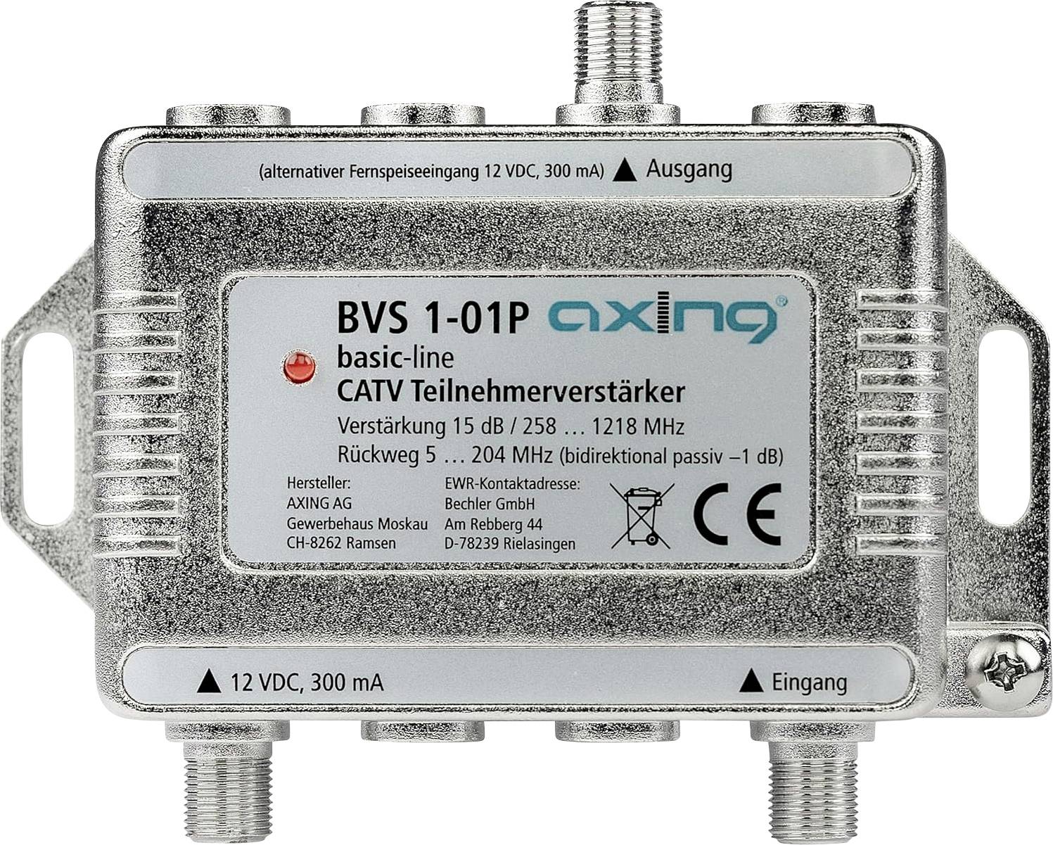 BVS 1-01P basic-line CATV amplifier by Axing, with 15 dB gain and 5-1218 MHz frequency range. Features input, output, 12 VDC input.