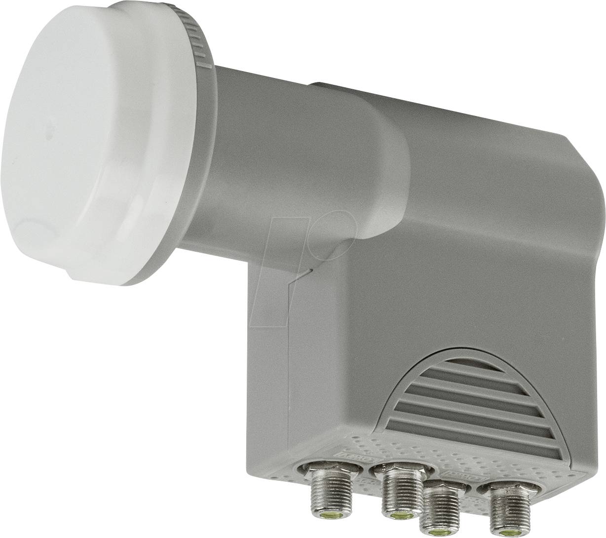 Gray satellite dish LNB with four coaxial ports on the bottom, used for receiving satellite signals and distributing them to multiple devices.
