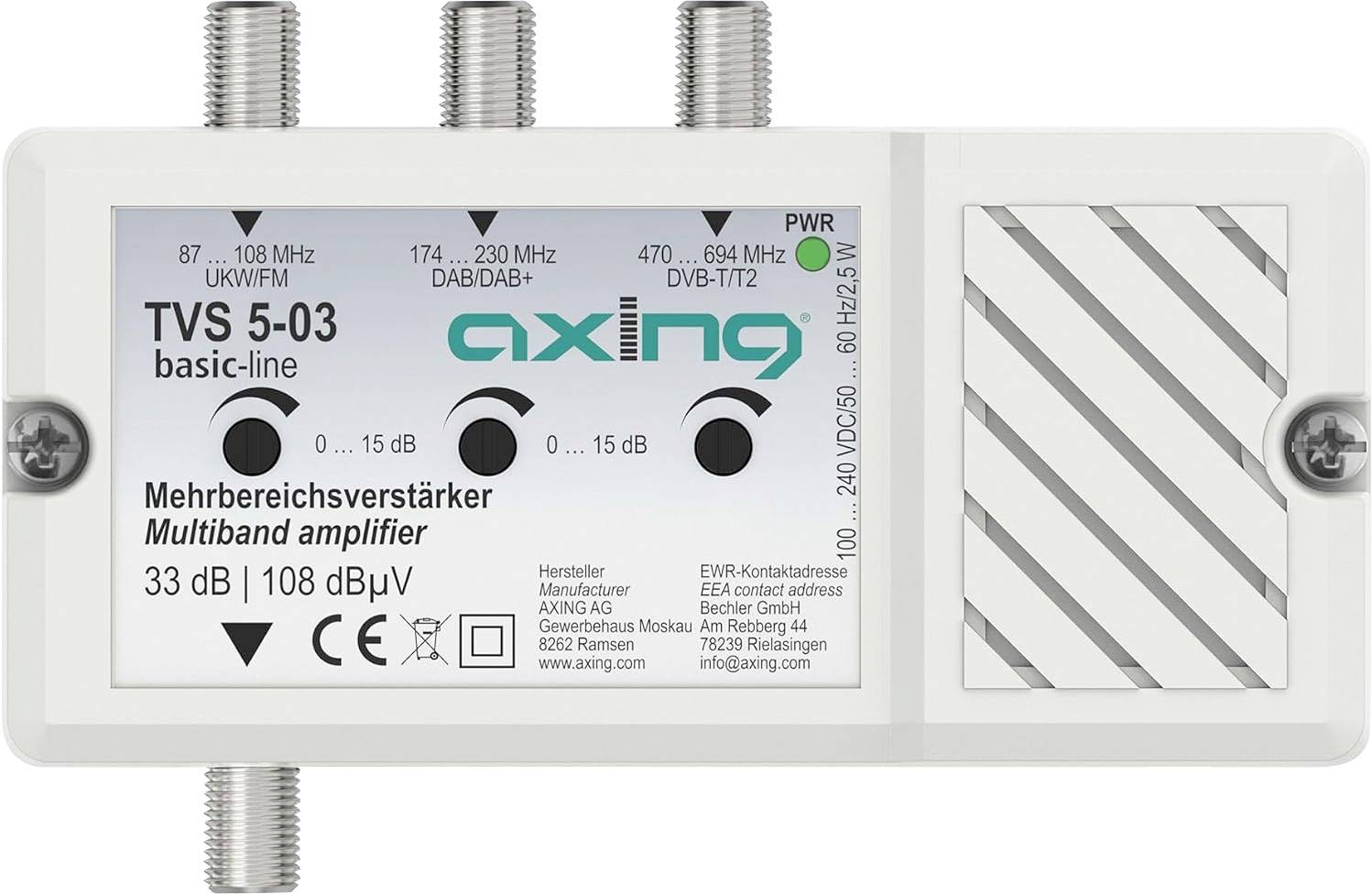 TVS 5-03 basic-line multiband amplifier by Axing AG for radio and TV signals, with multiple input/output ports, 33 dB gain.