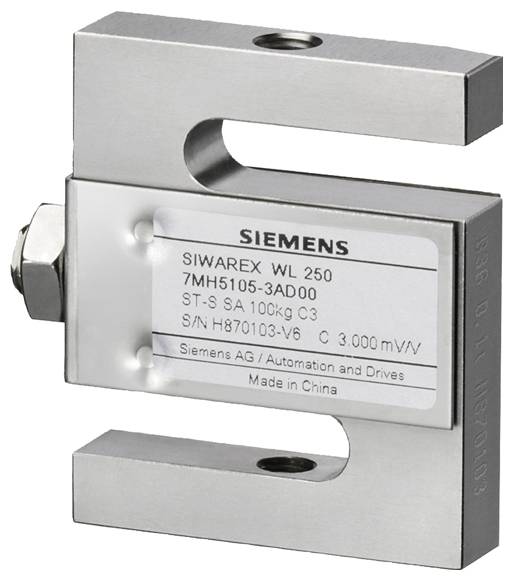 Siwarex WL250 load cell, model 7MH5105-3AD00, capacity 100 kg, by Siemens AG. Silver metal with labeled details.