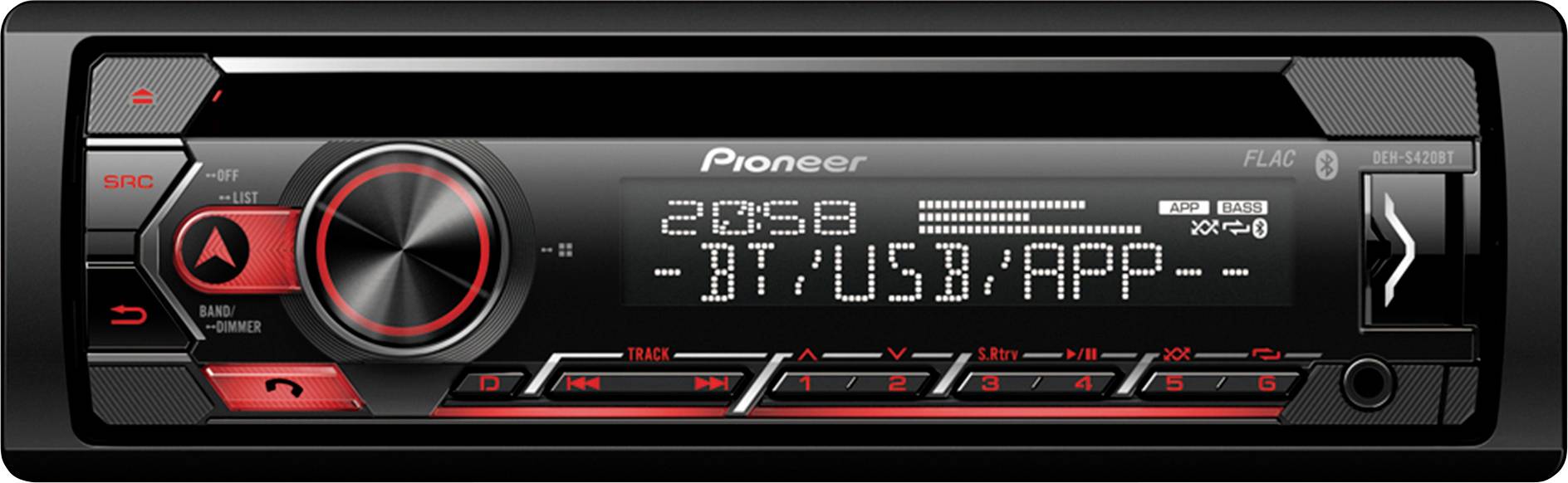 Car stereo dashboard interface with digital display showing '20:58 -DT/USB/APP-' and control buttons.