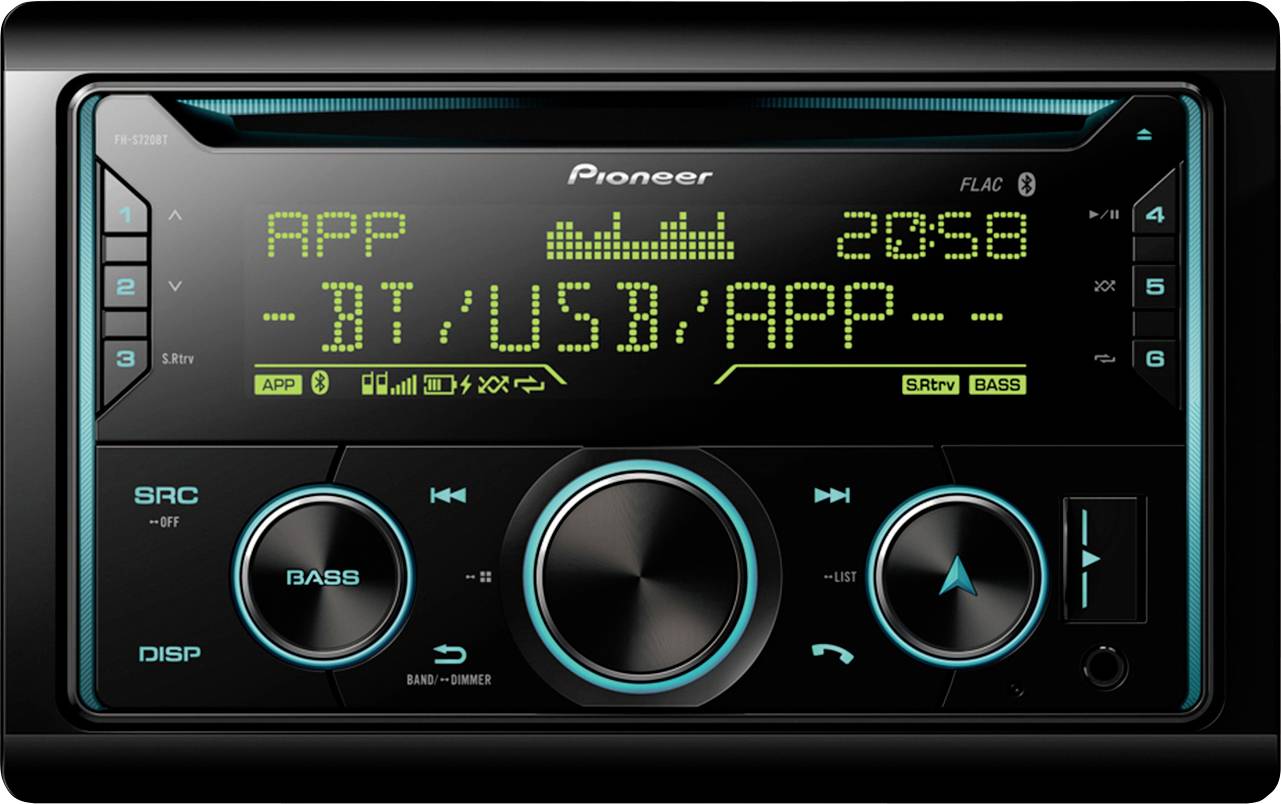 Car stereo display showing radio settings and input options including 'APP', 'BT', 'USB', with control buttons for bass and volume.