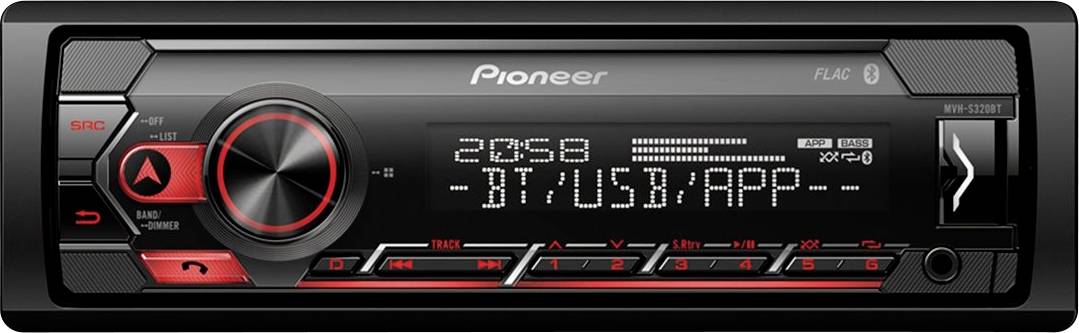 Car stereo system with digital display showing '20:58 - BT/USB/APP'. Features include volume knob, various buttons, and brand logo.
