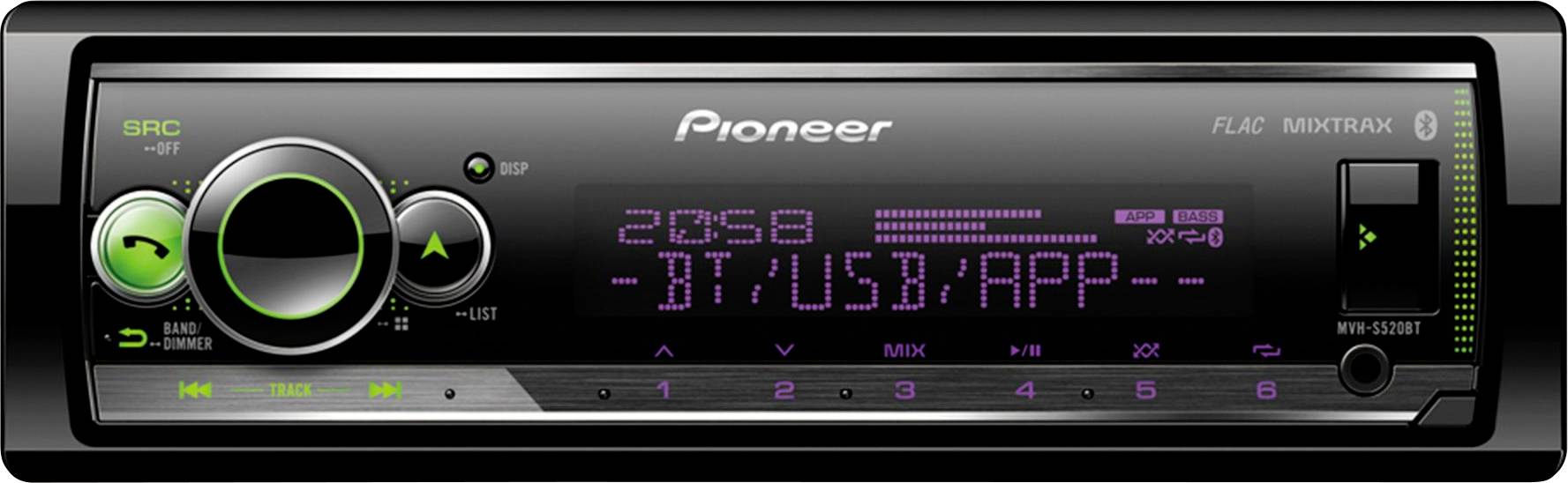 A car stereo with green and purple illuminated controls, displaying '20:58 BT/USB/APP' on the digital screen.
