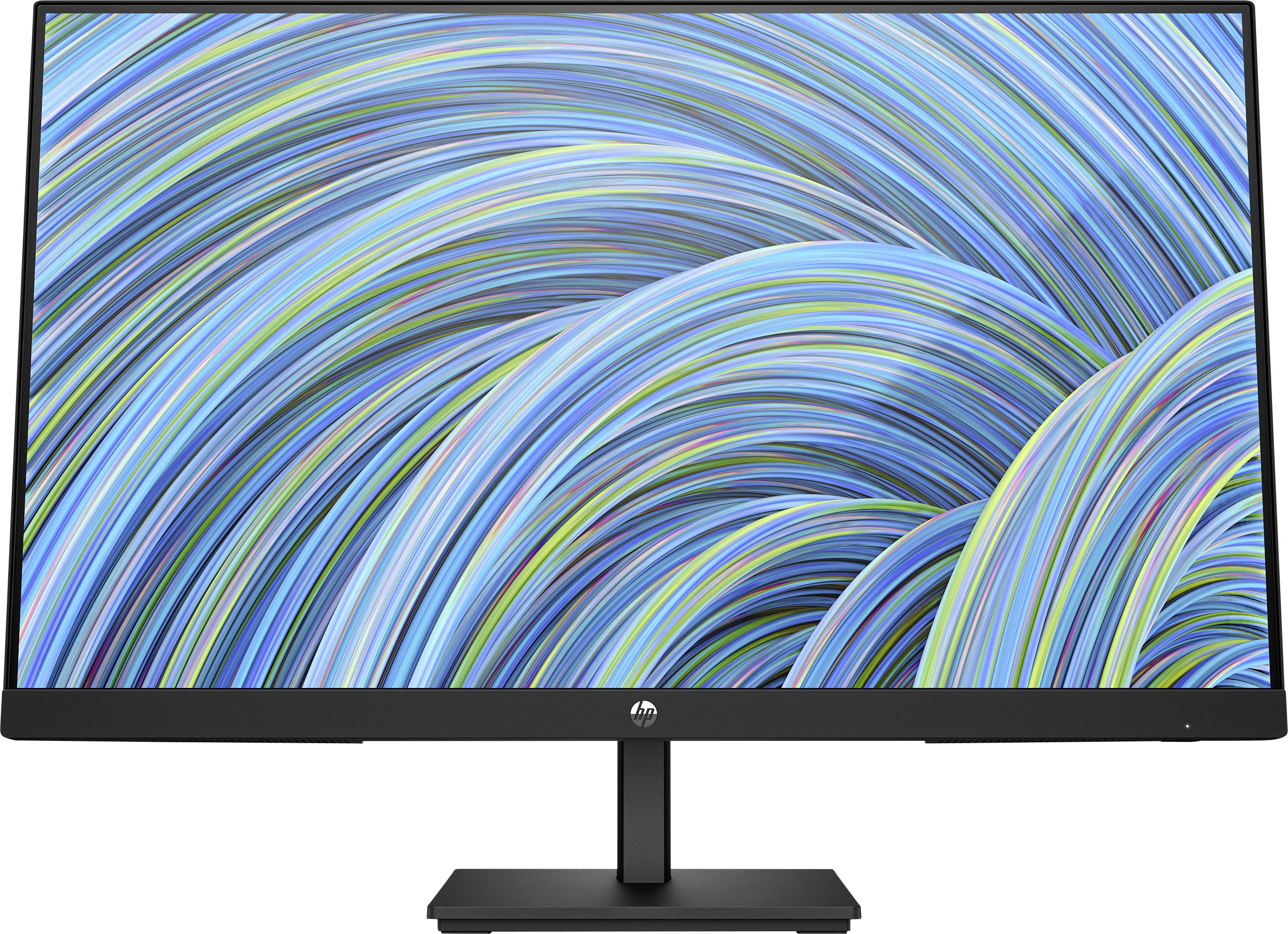 A curved computer monitor with a black stand displays a vibrant abstract pattern of swirling blue and green lines on the screen.