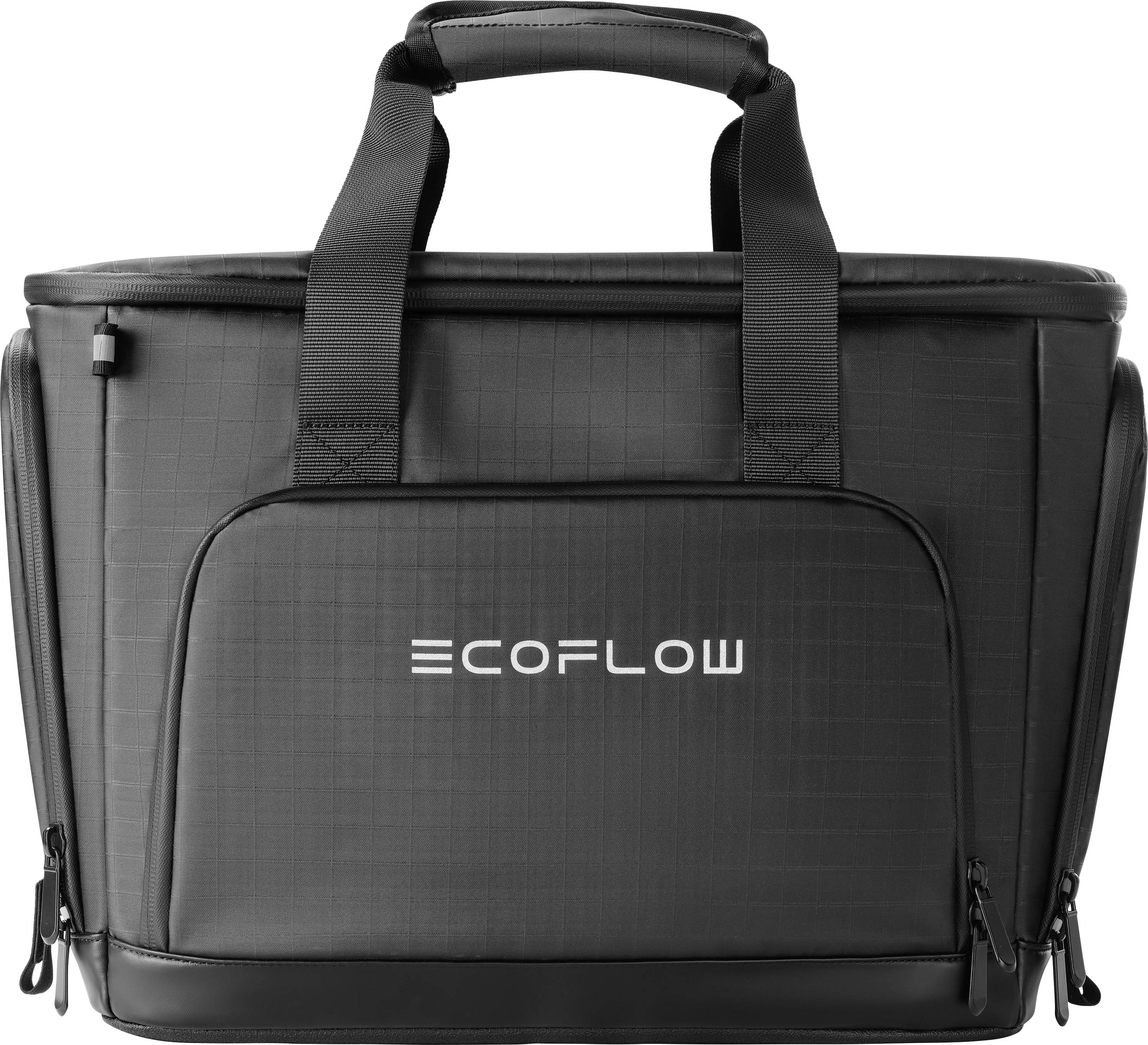 A black EcoFlow carrying bag with handles, featuring a front zippered pocket.