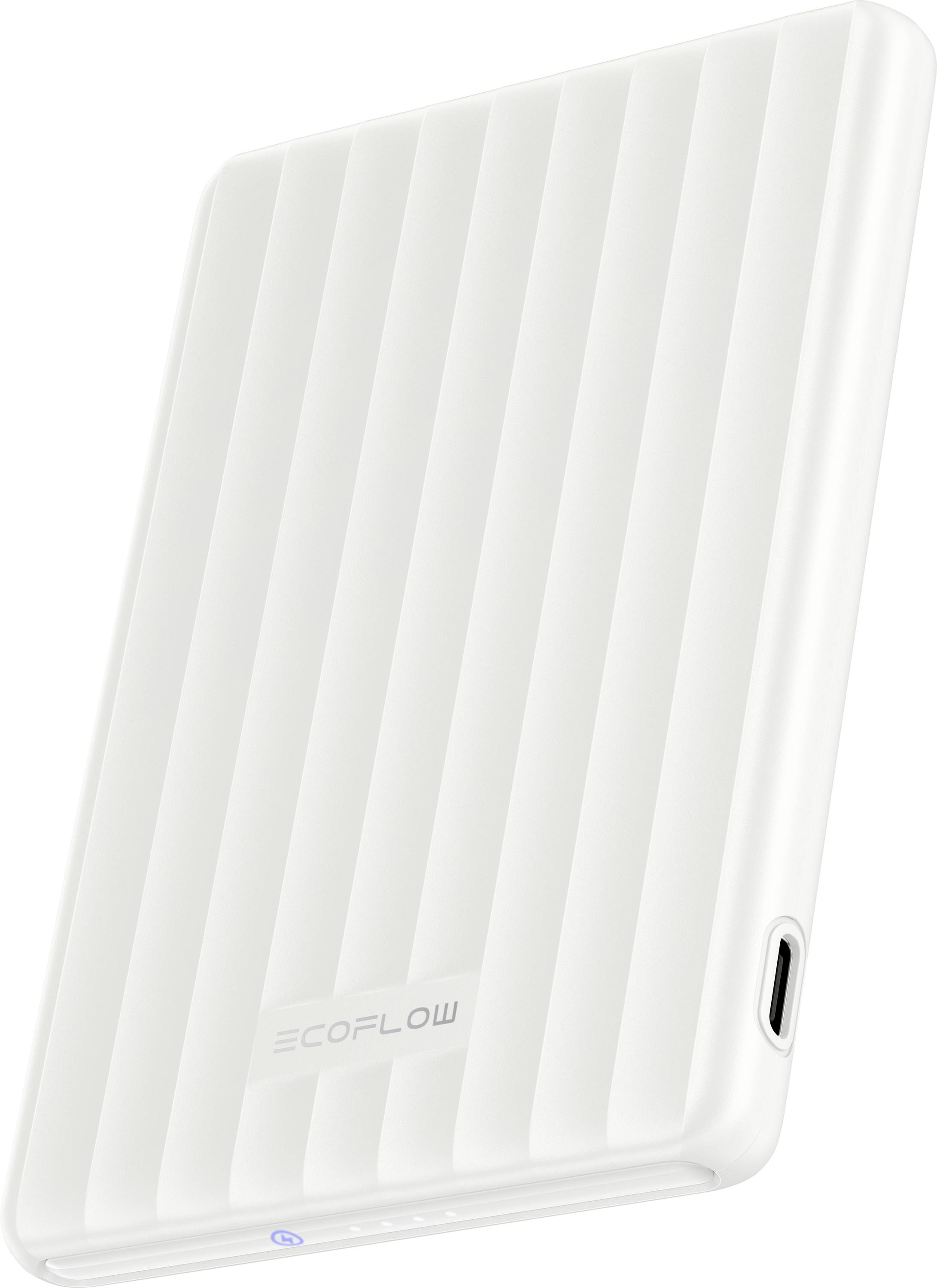 A white EcoFlow wireless charger with a ridged surface and a USB-C port on the side.