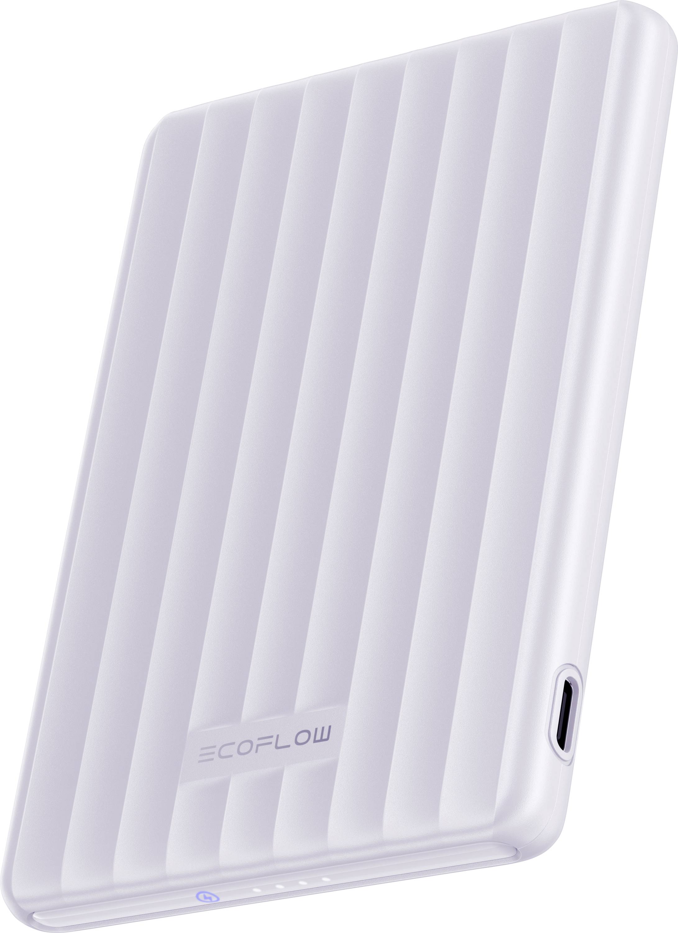 A white, rectangular portable charger with horizontal grooves and a USB-C port on the side. 'EcoFlow' is written on the front surface.