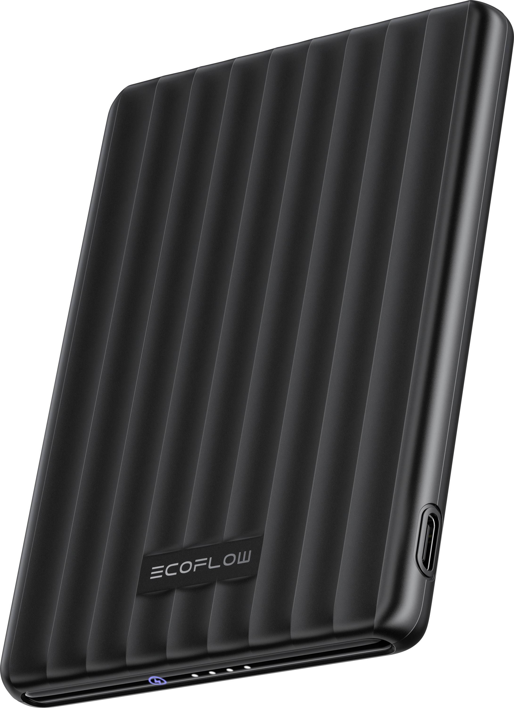 Black EcoFlow portable power bank with ribbed texture, USB-C port on the side