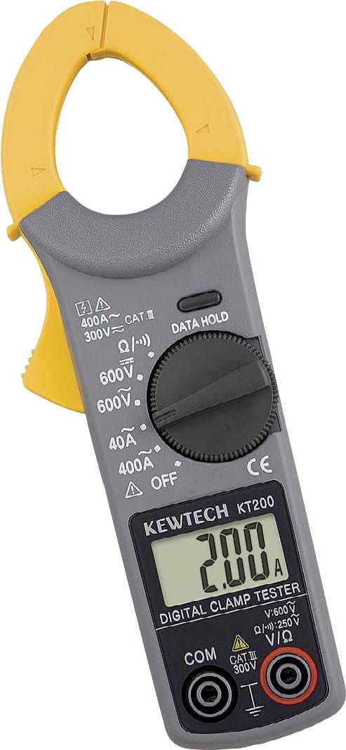 Digital clamp meter showing a reading of 200, with various measurement settings on the dial, including AC and DC voltages.