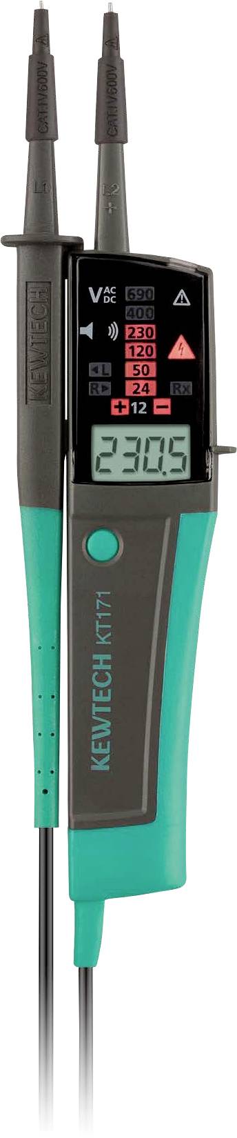 Digital multimeter displaying a reading of '230.5'. Features test leads and a backlit screen. Used for measuring voltage and continuity.