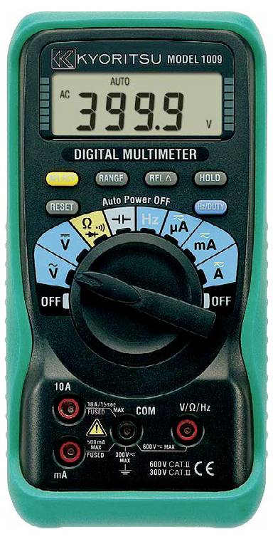 A digital multimeter displaying '399.9 V' in AC mode, featuring various measurement settings and buttons for voltage, current, and resistance.