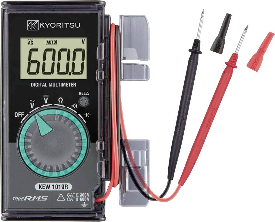 A digital multimeter displaying '6000' on the screen, with red and black test probes connected, set to measure AC voltage.