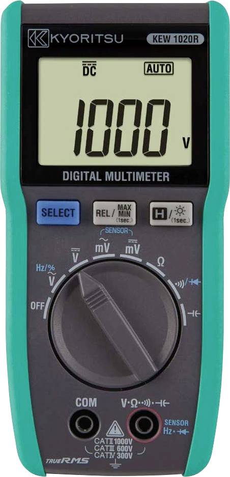 A digital multimeter displaying '1000V' with modes and measurement options for voltage, current, and resistance.