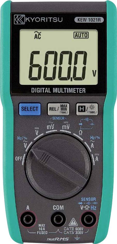 A multimeter with a green casing displays '600.0 V' on its screen. It features buttons and dials for selecting various measurement modes.