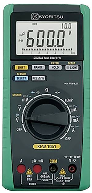 A digital multimeter displaying '600.0 V' on the screen, with a dial in the center and various measurement options and buttons for selection.
