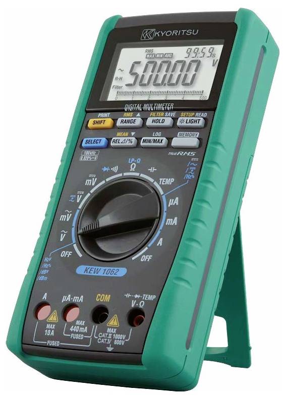 A green digital multimeter displays a reading of 5000.00. The device has various measurement settings for voltage, current, and resistance, with a rotary dial in the center.