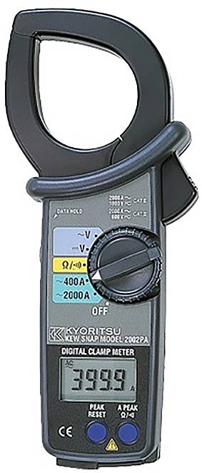 A digital clamp meter displaying a reading of '399.9'. The device measures current, voltage, and resistance, with a large clamp on top.