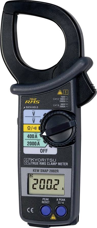 'Kyoritsu True RMS Clamp Meter' displaying '200.2 AC' on its digital screen, used for measuring electrical current accurately.