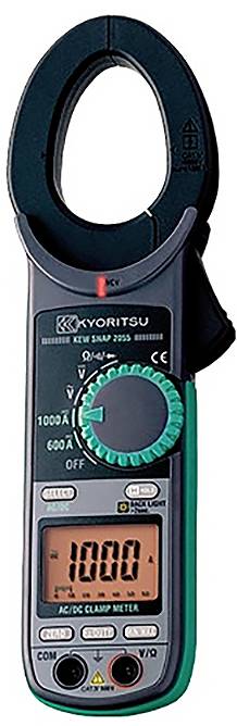 Digital clamp meter with a dial, display reading 1000, and clamp for measuring AC/DC current. Model and brand name visible on the front.