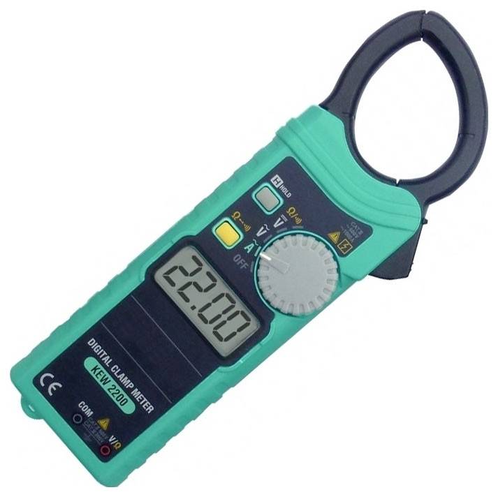 A digital clamp meter displaying '220.0' on the screen, with a turquoise body and black clamp, used for measuring electrical currents.