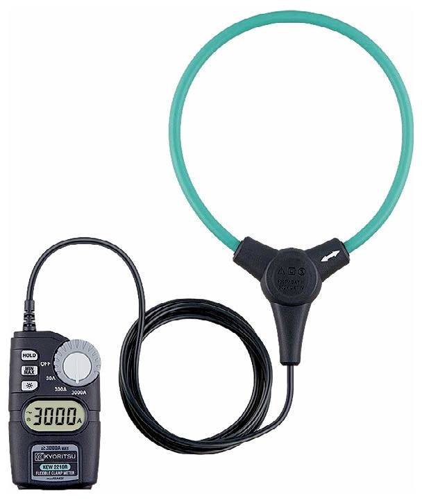 A digital clamp meter with a flexible green clamp probe measuring 3000A, connected to the main unit displaying '3000' on its screen.