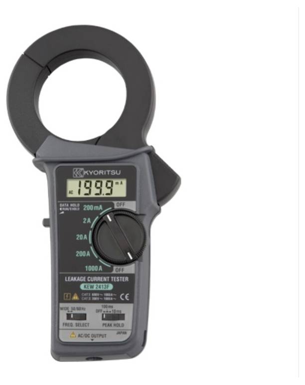 A digital clamp meter displaying '199.9' with various current measurement settings, buttons, and a large clamp for measuring electrical current.