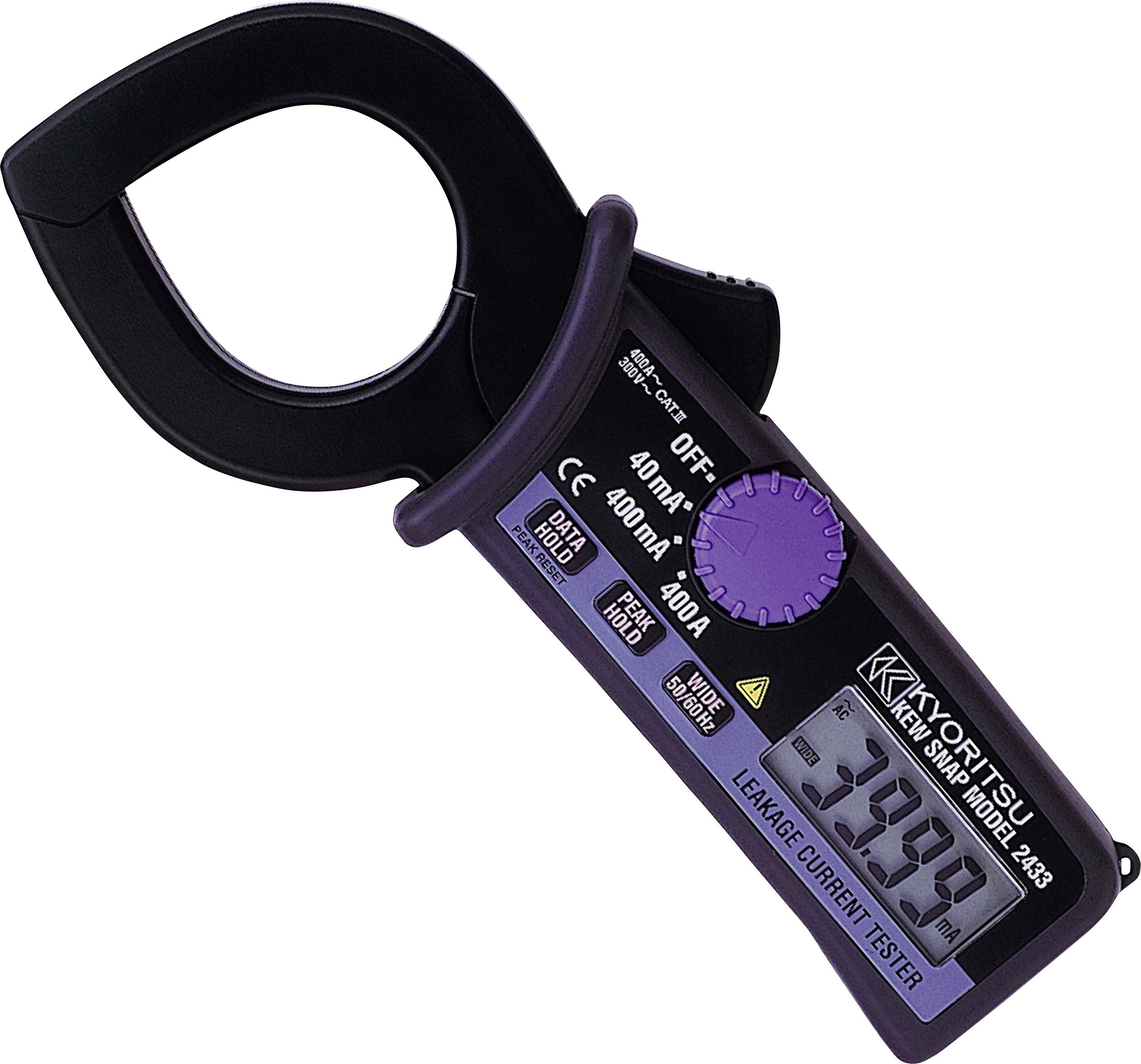 Digital clamp meter displaying a leakage current of -19.97. The device is a Kyoritsu 2433R model, set to 40mA range.