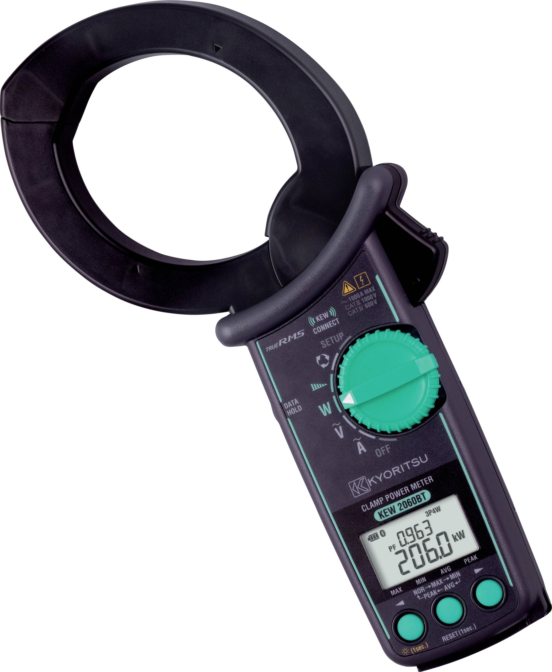 A clamp meter displaying a reading of '206.0 W' on the screen, with a green dial and labels indicating electrical measurements.