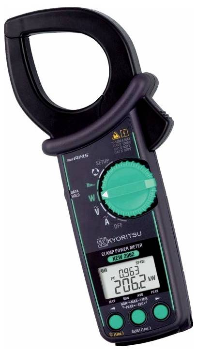A digital clamp power meter with a rotary dial, LCD screen displaying '206.2 kW', and function buttons for measuring electrical parameters.