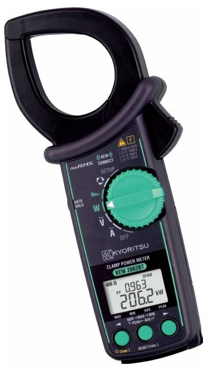 A digital clamp meter with a rotary dial for selecting measurement modes, an LCD display reading '206.2 kW', and labeled buttons for navigation.