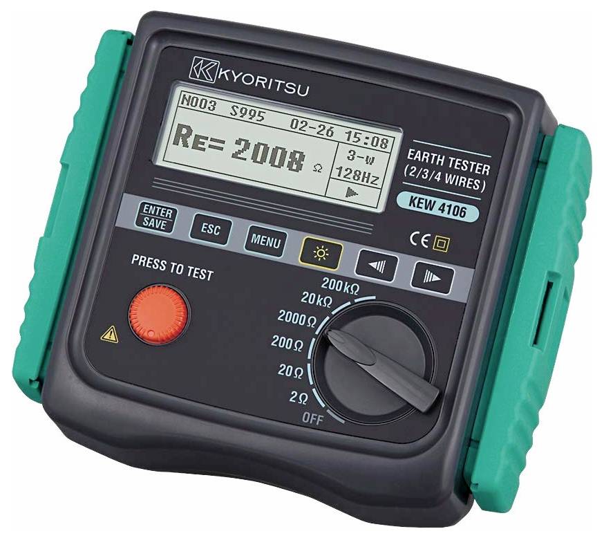 The image shows a Kyoritsu KEW 4106 earth tester featuring a digital display with measurements, control buttons, and green handles.