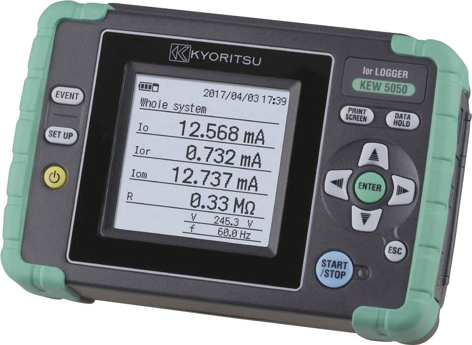 A handheld electrical tester displaying current and resistance measurements on its screen, with buttons for navigation and function settings.