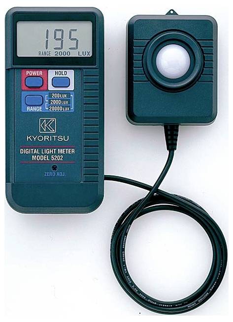 A digital light meter displaying '1.95' lux, with a sensor connected by a cable. The model shown is Kyoritsu 5202.