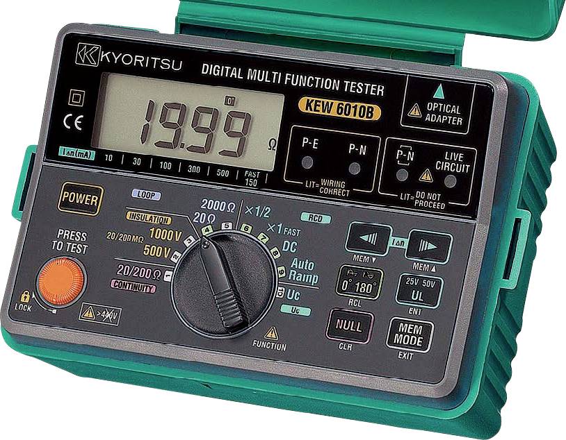A green digital multimeter displaying '19.99' with various function buttons and dials for testing voltage, current, and resistance.
