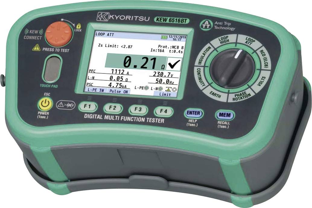 'Kyoritsu KEW 6516BT Digital Multi-Function Tester' with a digital display showing a reading of '0.21', various buttons, and dials.