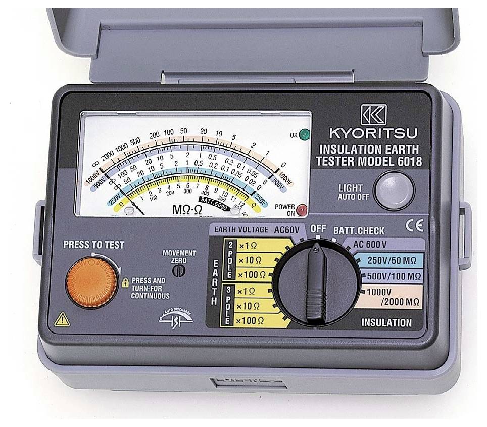 'Kyoritsu Insulation Earth Tester Model 6018' with dial for earth voltage selection, test button, and analog scale for ohms measurement.
