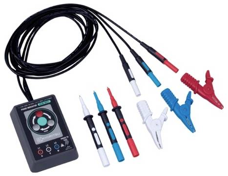 A multi-functional phase tester with colored probes and alligator clips, displaying a digital interface for electrical testing.