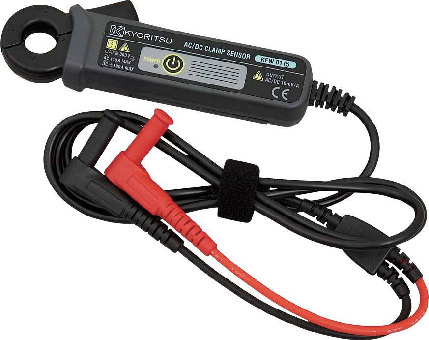 AC/DC clamp sensor device with electric leads coiled around. The device shows 'Kyoritsu KEW 8115' and safety warnings, used for electrical measurements.