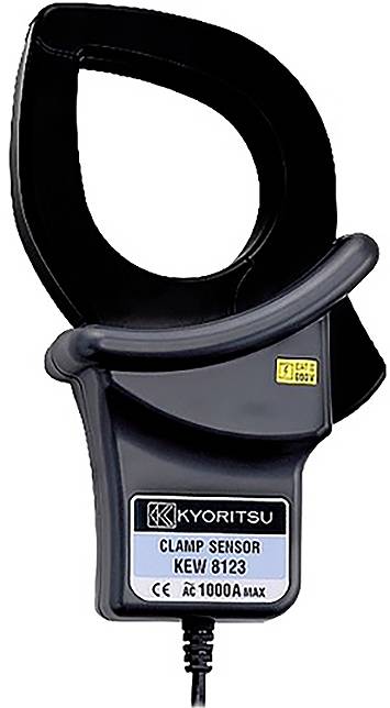 A Kyoritsu KEW 8123 clamp sensor with a black clamp and attached cable, used for measuring AC currents up to 1000A.