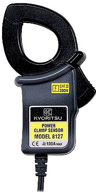 A power clamp sensor labeled 'KYORITSU Model 8127' with a black clamp and gray handle for measuring electrical current safely.