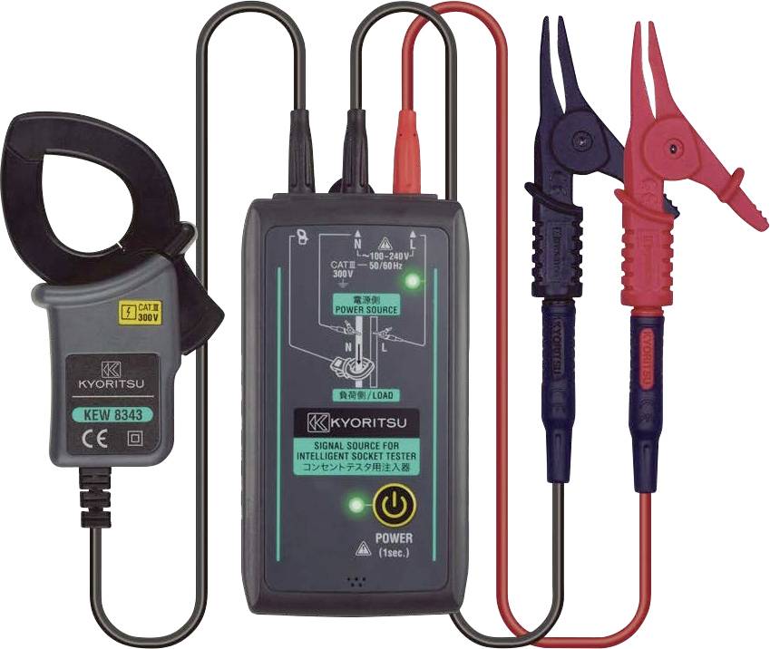 Portable signal source device for testing with a central unit displaying power indication and cables for connections.