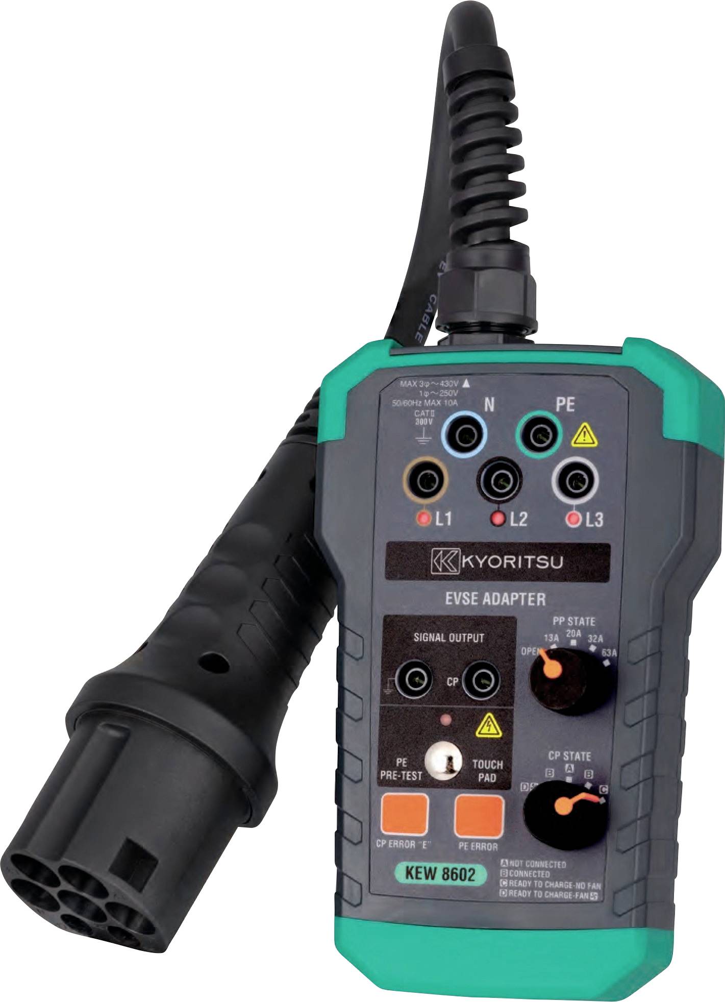 Handheld electrical testing device with multiple inputs, labeled 'EVSE ADAPTER' by Kyoritsu; used for electric vehicle charging testing.
