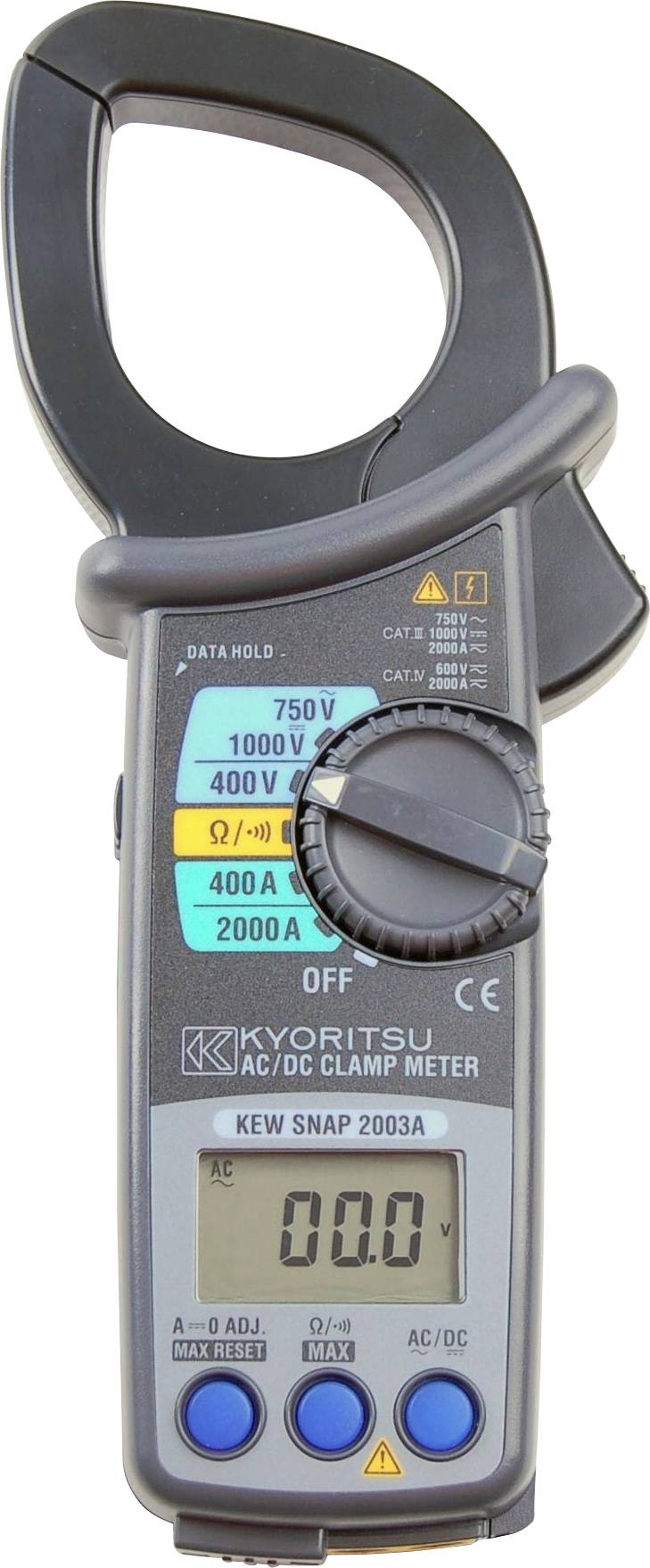 A digital clamp meter displays '00.0' on its screen, used for measuring AC/DC voltage and current. Black and blue with dials and buttons.